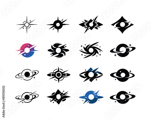 Quasar Icon Set. quasars. Icon set. Set Logo of quasars: cosmic energy core. harmonious logo variations of the same emblematic concept, each with different