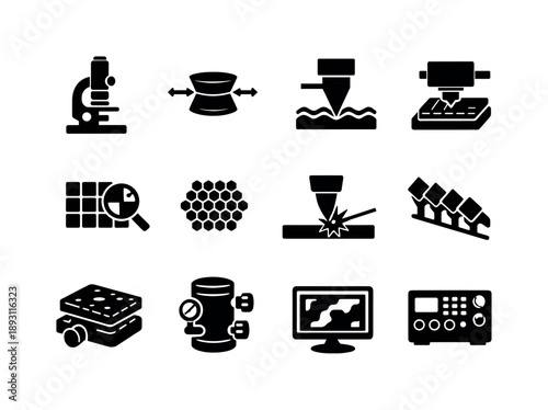 Microscopy Icons Grid. Advanced microscopy types. Solid icon set of Advanced microscopy types: electron microscope, confocal lens icon, atomic force tip,
