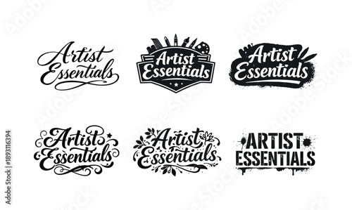 Diverse Lettering Styles. Artist essentials lettering. Set lettering. harmonious lettering variations of the same emblematic concept, each with different