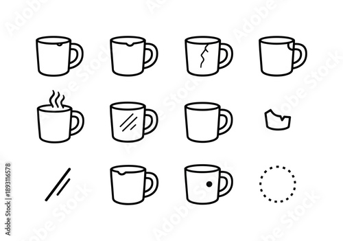 Chipped Mug Icon Set. Chipped coffee mug. Line icon set of chipped coffee mug: chipped lip edge, minor rim break, ceramic fault line, handle stress notch,