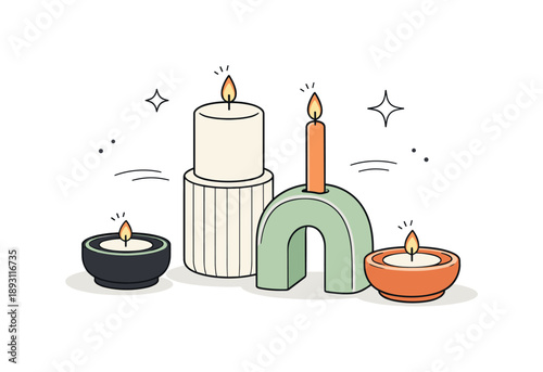 Modern Ceramic Candle Set. Modern ceramic candle set. A small collection of candle holders with candles burning softly, arranged in a balanced composition.