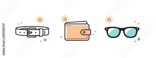 Minimal Spring Accessories. Spring fashion details icons. Minimal icons of belt, wallet and sunglasses with subtle sun accents. Thoughtful styling, practical