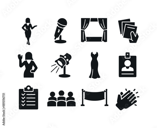 Event Hostess Icons. Event Hostess. Solid icon set of Event Hostess: event hostess pose, microphone, stage backdrop, cue cards, welcoming wave, spotlight,