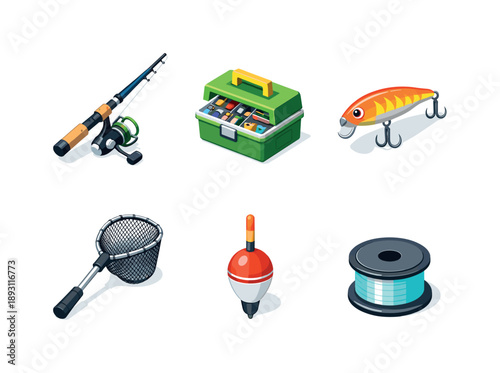 Fishing Gear Icons. Fishing Tackle. Isometric flat vector icons set of Fishing Tackle: spinning rod with reel, tackle box organizer, fishing lure bait, landing
