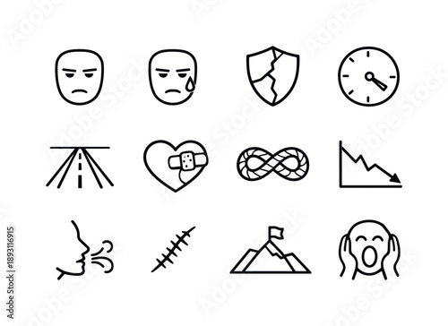 Icons of Resilience. Enduring Pain. Line icon set of Enduring Pain: stoic face, tear held back, cracked shield, slow clock, long road, bandage heart,