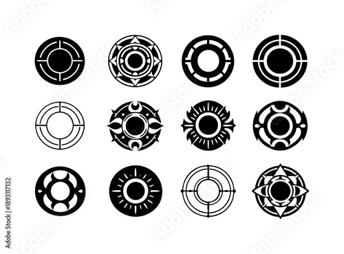 Sacred Circle Icons. sacred circle. Icon set. Set Logo of sacred circle: mystic boundary circle. harmonious logo variations of the same emblematic concept,