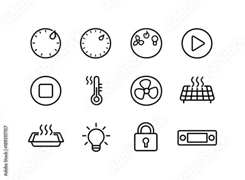 Oven Control Icons. Oven Controls. Line icon set of Oven Controls: temperature knob, timer dial, mode selector, start button, stop button, preheat indicator,