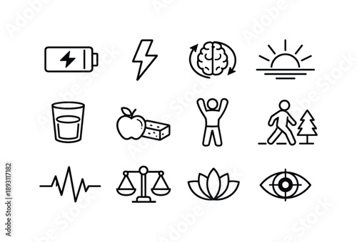 Energy Restoration Icons. Energy Restoration. Line icon set of Energy Restoration: charging battery, energy bolt, refreshed brain, morning sun, water glass,
