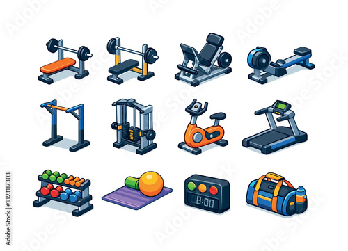 Colorful Gym Icons Grid. Gym Circuit. Colorful isometric vector icons set of Gym Circuit: weight bench, barbell station, leg press, rowing machine, pull up