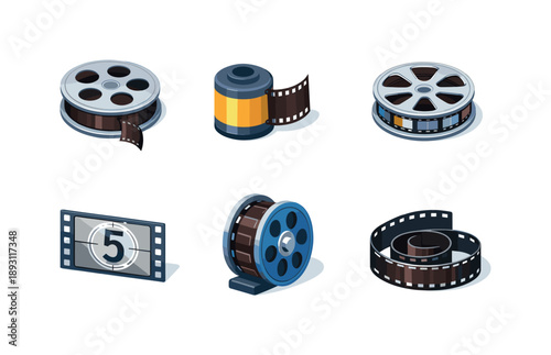 Cinematic Icon Grid. Cinematic film. Isometric flat vector icons set of cinematic film: 16mm film reel, movie film roll, reel with visible frames, film