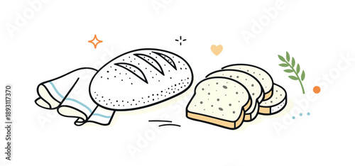 Minimalist Bread Display. Minimal artisan bread props set. Simple arrangement of bread loaf, slices, and baking cloth, focusing on form, balance, and natural