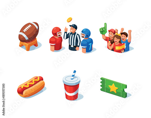 Game Day Icons. Game day. Isometric flat vector icons set of Game day: kickoff tee, coin toss scene, cheering fans group, hot dog snack, drink cup, ticket