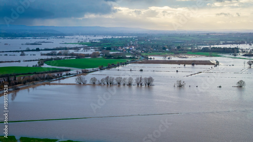 Photos Aerial and ground-level views showing extensive flooding across the Somerset Levels near Burrowbridge, Somerset, following prolonged heavy rainfall