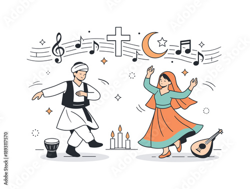 Harmonious Cultural Dance. Religious influence on music and dance. A calm scene showing traditional dance steps guided by rhythmic music symbols above the