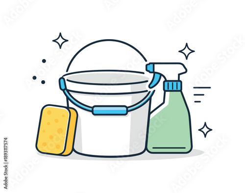 Spring Cleaning Icon. Spring cleaning supplies icon. Simple bucket with sponge and spray bottle, conveying organization and readiness for cleaning. Calm,