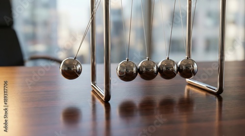 newton's cradle swinging in a modern office setting with sunlight reflecting on metal balls