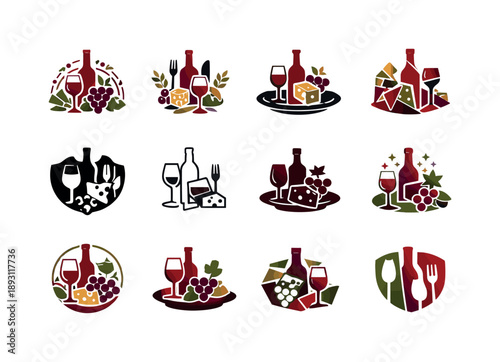 Food and Wine Logos. Food and wine festivals. Icon set. Set Logo of food and wine festivals: festive banner with wine and food symbols. harmonious logo