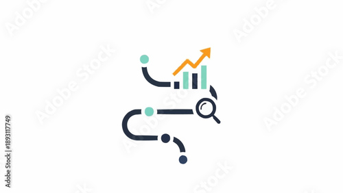Business graph with magnifying glass icon.