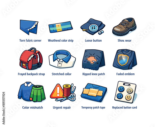 School Uniform Troubles. School uniform challenges. Colorful isometric vector icons set of school uniform challenges: torn fabric corner, weathered color