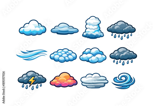 Colorful Weather Icons Set. weather clouds. Colorful isometric vector icons set of weather clouds: cumulus cloud, stratus cloud, cumulonimbus tower,