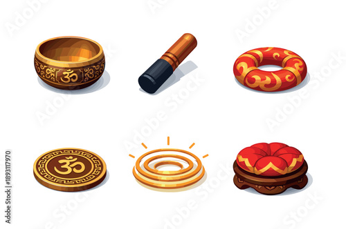 Tibetan Bowl Icons. Tibetan Bowl. Isometric flat vector icons set of Tibetan Bowl: engraved singing bowl, carved wooden striker, silk cushion ring, etched
