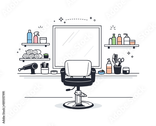 Stylish Salon Setup. Hair stylist workstation. Styling chair facing a large mirror with shelves holding hair products and tools, tidy and organized space.