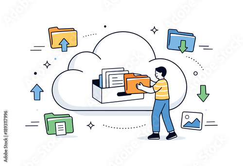 Cloud File Management. Cloud data storage. Person uploading and organizing files into a cloud symbol, sense of reliability and structure. Abstract folders and
