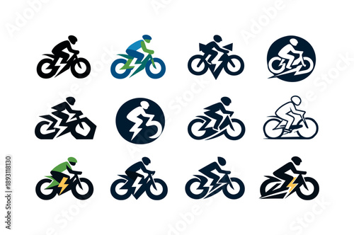 Electric Bicycle Icons. electric bicycles. Icon set. Set Logo of electric bicycles: cyclist riding modern e-bike. harmonious logo variations of the same