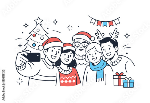 Festive Group Selfie. Group Christmas selfie indoors. Family or friends posing closely in front of simple holiday decor, phone held at arm?s length. Warm