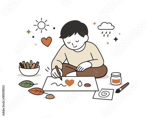 Nature-Inspired Art Therapy. Expressive art therapy inspired by nature. A single character shaping emotions with earth tones, leaves, and simple symbols on