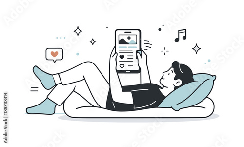 Social Media Immersion. People scrolling social media. Person lying comfortably, scrolling endlessly through a vertical feed. Soft, slightly abstract scene