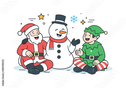 Festive Costume Gathering. Friends wearing holiday costumes together. People dressed as Santa, snowman and elf, relaxed interaction and lighthearted