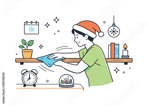 Pre-New Year Cleaning. Cleaning house before New Year dusting. Person wiping surfaces and shelves with a cloth, gentle motion lines showing action. Care,