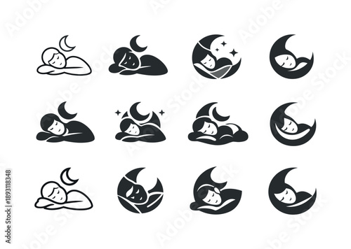 Restful Sleep Icons. Restorative sleep practices and rituals. Icon set. Set Logo of Restorative sleep practices and rituals: person sleeping peacefully with
