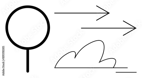 Journey, discovery, motion, exploration, navigation, search. Circular shape with arrows pointing forward and cloud element. Journey and discovery are through movement and direction