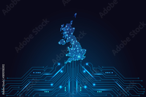 United Kingdom Futuristic glowing digital map on circuit board, AI innovation, tech infrastructure