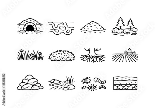 Badger Habitat Icons. Badger Habitat. Line icon set of Badger Habitat: badger burrow, tunnel system, soil mound, forest floor, grassland, hedgerow, tree roots,