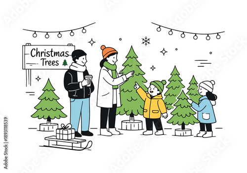 Family Christmas Tree Shopping. Christmas tree market visit. Family members browsing trees outdoors and enjoying the seasonal atmosphere. Quiet excitement and
