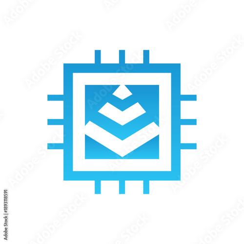 this is a logo design that depicts a computer chip with a pyramid shape at its center in blue gradient on a white background
