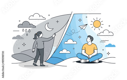 Abstract Sky Transformation. Sky transformation editorial illustration. Abstract sky divided into grey and blue sections with smooth curves showing gradual