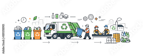 Efficient Recycling Collection. Recycling process collection. Recycling truck collecting sorted materials, smooth and organized system flow. Calm