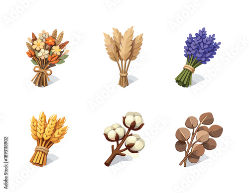 Dried Flower Grid. Dried Flowers. Isometric flat vector icons set of Dried Flowers: dried flower bouquet, pampas grass stems, dried lavender bunch, wheat stalk