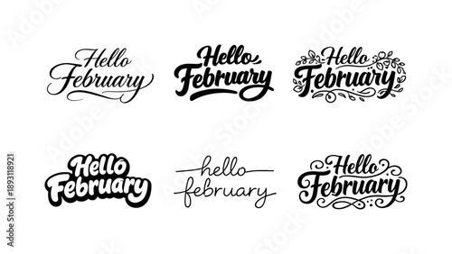 February Lettering Set. February Quote Designs. Set lettering. harmonious lettering variations of the same emblematic concept, each with different artistic