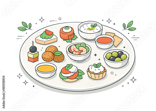 Modern Appetizer Artistry. Appetizer plate ? modern cuisine. Abstract yet recognizable appetizer plate with small bites, dips, and garnishes, expressing