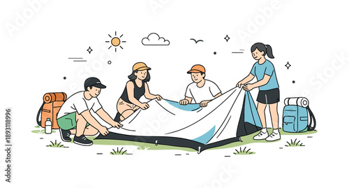 Friends Unfolding Tent. Friends setting up tent outdoors. Group unfolding a tent on grass with backpacks nearby, fresh air and calm adventure