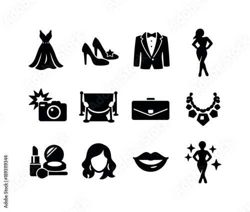 Red Carpet Icons. Red Carpet Glamour. Solid icon set of Red Carpet Glamour: glamorous dress, star heels, formal suit, fashion pose, camera flash, photo