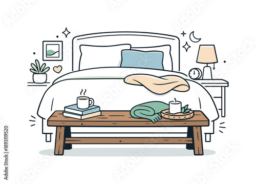 Cozy Bedroom Retreat. Rustic wooden bench at the foot of the bed. A cozy bedroom scene with a simple wooden bench placed neatly at the end of the