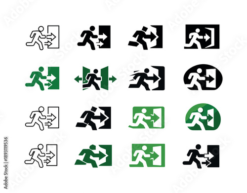 Evacuation Plan Icons. Evacuation plan. Icon set. Set Logo of Evacuation plan: emergency exit route with arrows and door. harmonious logo variations of the