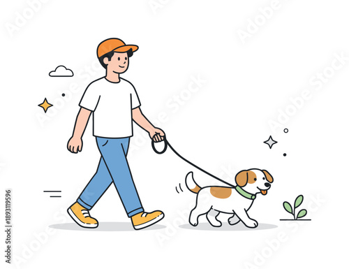 Dog Walking Serenity. Walking the dog. Person walking calmly with a dog on a leash at an easy pace. Everyday routine and quiet companionship