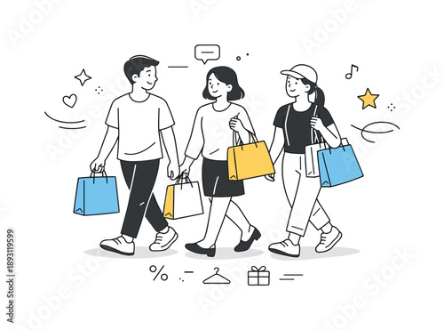 Retail Shopping Joy. Friendly retail moment. Group carrying shopping bags after choosing items together, satisfied expressions and calm movement, abstract